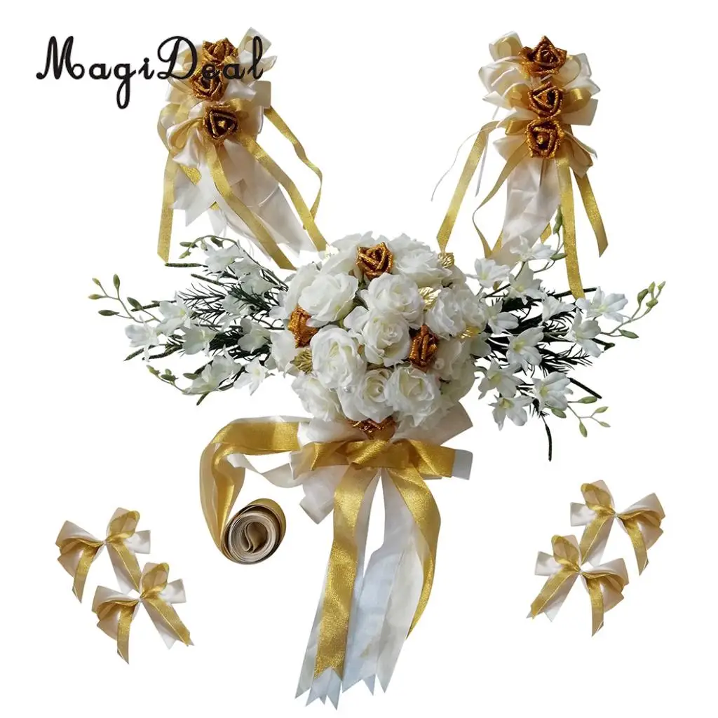 MagiDeal 12pcs/Set Wedding Car Decorations Kit DIY Artificial Silk Flower Ribbon Bows Car Roof Door Mirror Wedding Supplier