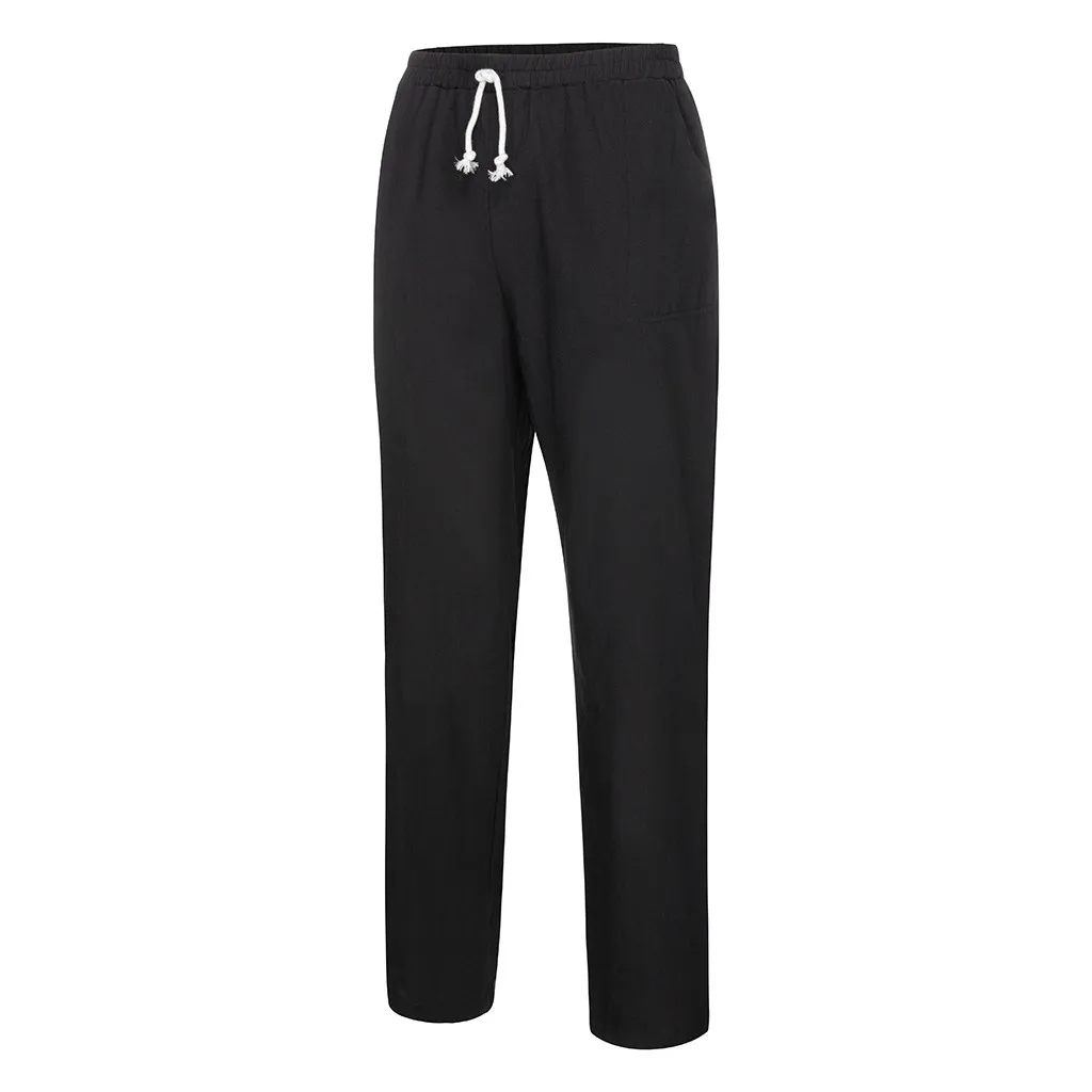2019 мужские тонкие повседневные льняные Большие размеры карманные брюки спортивные брюки мужские однотонные свободные штаны для бега