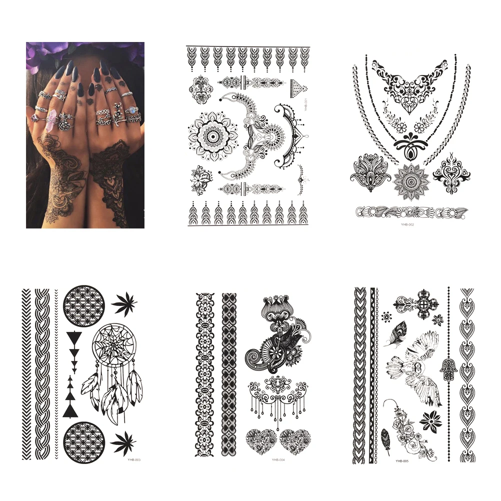 Sexy Lace Black Henna Temporary Tattoo Sticker Women Hand Jewelry Waterproof Fake Body Art Tattoo Stickers 17 Styles