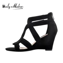 Onlymaker 2019 summer Women's Gladiator Cut Out Wedge Sandals Sexy Peep Toe Heeled Casual Party Dress Shoes Plus size US5~US15 summer fashion blue jeans cut out sandals peep toe height increasing wedge summer denim dress shoes woman for women size 34