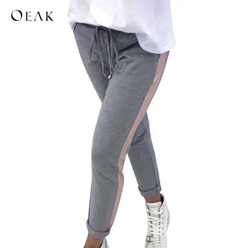 

OEAK 2019 Women's Pants Drawstring Waist Elastic Side Striped Patchwork Sweatpants Female Casual Workout Running Pencil Trousers