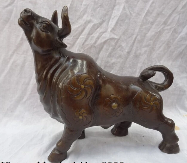 

JP S0608 12" China Bronze ZhaoCai Flower YuanBao Wealth Bull Ox Statue Animals Sculpture