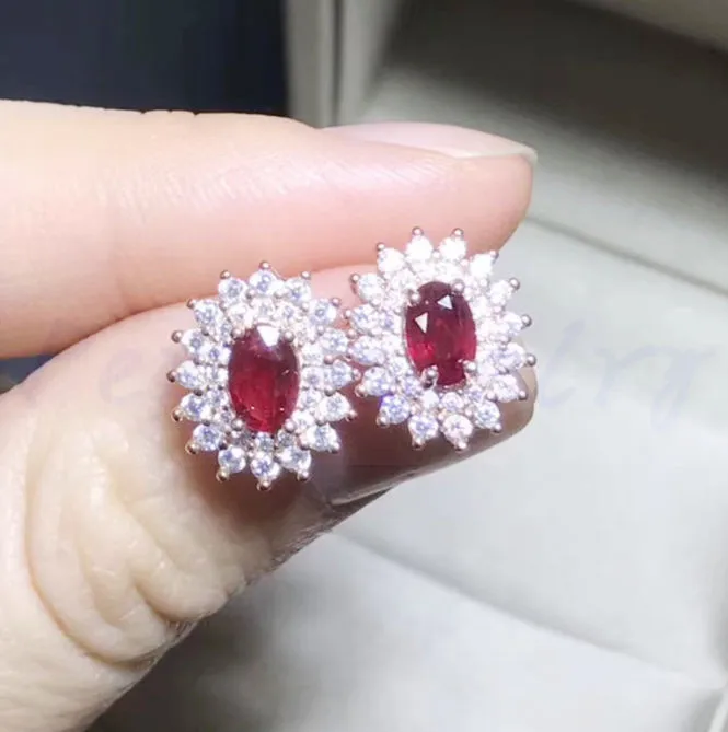 Natural ruby stud earring Free shipping Original real ruby 925 sterling