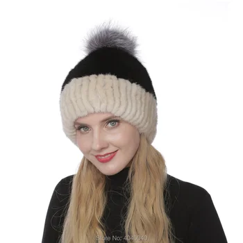 

Bravalucia Knitted Women Mink Fur Hat Silver Fox Pompom Real Genuine Fur Winter Outdoor Hats Woman Bomber Ski Cap Free Shipping
