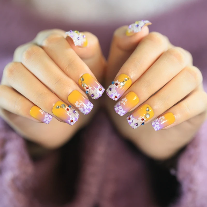 Dazzling French Gradient Acrylic Nails Pearls Yellow Press On Nail