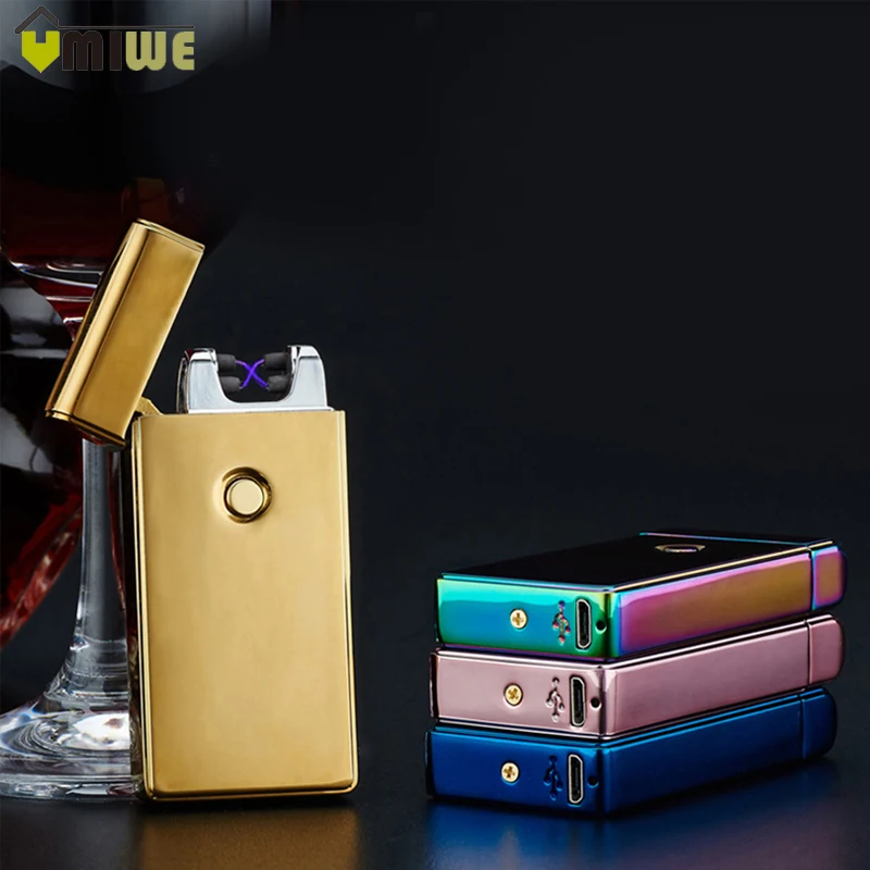 

USB Chargeable Double Arc Electronic Cigarette Lighter Colorful Ultra-thin Windproof Arc Pulse Cigarette Metal Lighter Men Gift