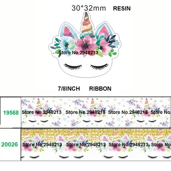 

4Sets printed cartoon Unicorn grosgrain ribbon and resin sets 7/8inch 50yard ribbon and 50pcs resin 1sets REB322