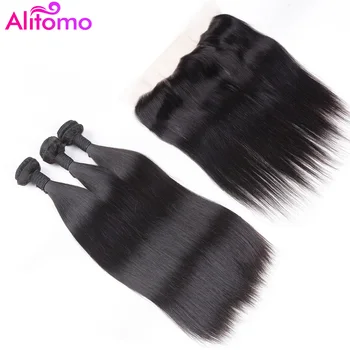 

Alitomo Brazilian Straight Hair Bundles With Frontal 4 Bundles Remy Human Hair Extensions With Lace Closure Frontal Closure