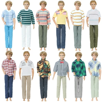 

1 Set Men Daily Casual Outfit Trousers Wide Leg Pants + Striped Plaid Lattice Shirt Clothes for Barbie Ken Doll Accessories Toy