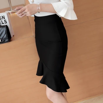 Spring and Autumn high waist fish tail slim medium-long hip skirt ruffle skirt plus size skirt self belt ruffle waist high split skirt