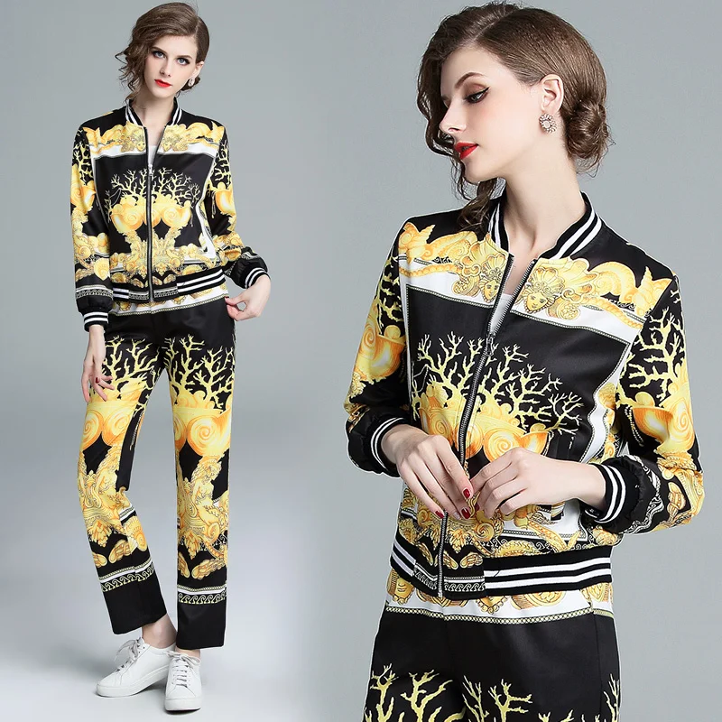 

2019 Spring Summer Fall 2 Piece Womens Set Retro Vintage Print Top Zippered Sweatshirt Blouse Jacket Coat + Pant Suits Luxury