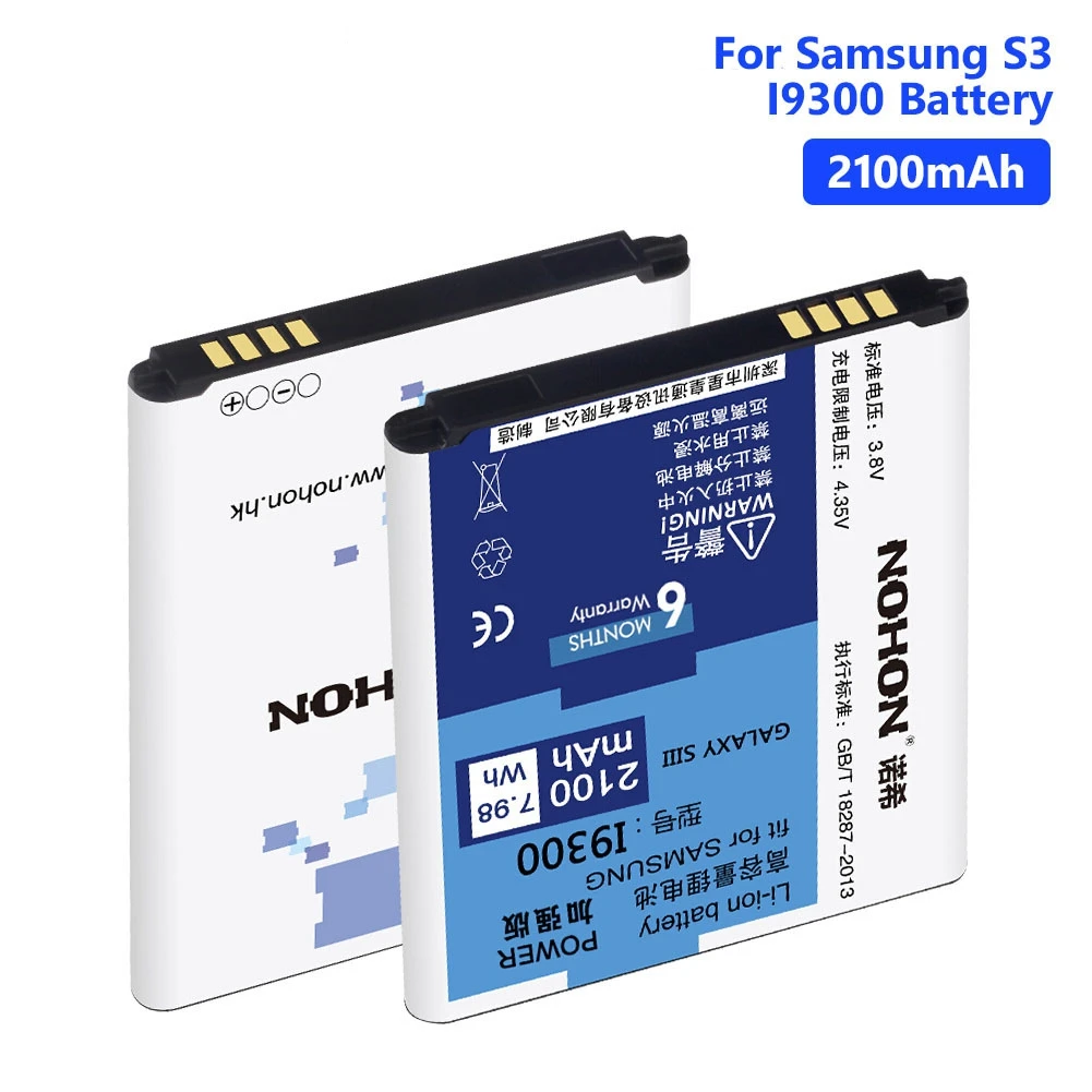 

NOHON i9300 Battery For Rechargeable Samsung Galaxy S3 GT-i9300 i9305 i9308 High Quality 3.8V 2100mAh Lithium Phone Batteries