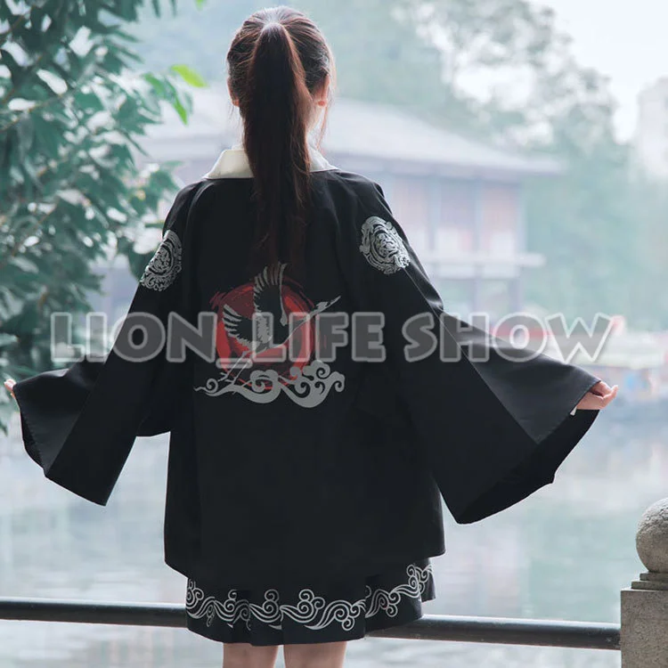 Matsuri Япония женский черный сшитый белый свободный рукав принт кран вышивка Haori