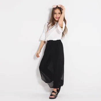 

Big Girls Sets Summer White Chiffon Shirts+black Wide Leg Pants 2Pcs girl Suits Children Clothing Outfits Kids Clothes 6-14Years