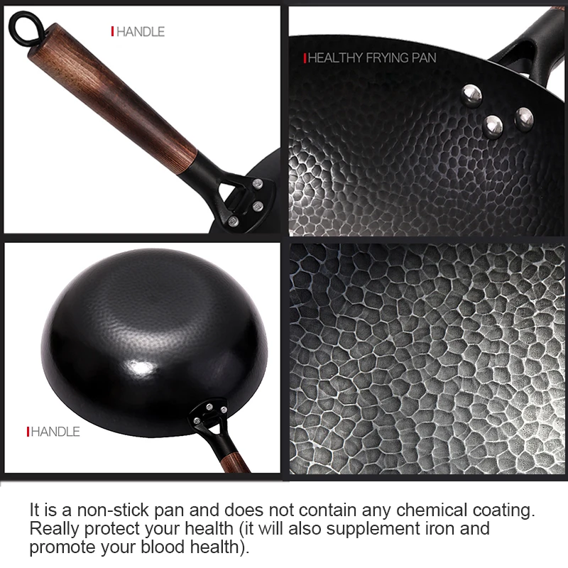 Beste Konco Pure Ijzeren wok gietijzeren pan Niet gecoat Pot Algemeen gebruik voor Gas en Inductie Kookplaat 32cm chinese Wok Kookgerei Pan