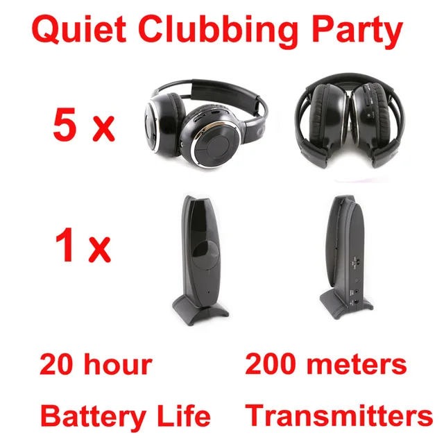 Silent Disco complete system black folding wireless headphones – Quiet Clubbing Party Bundle (5 Headphones + 1 Transmitter)