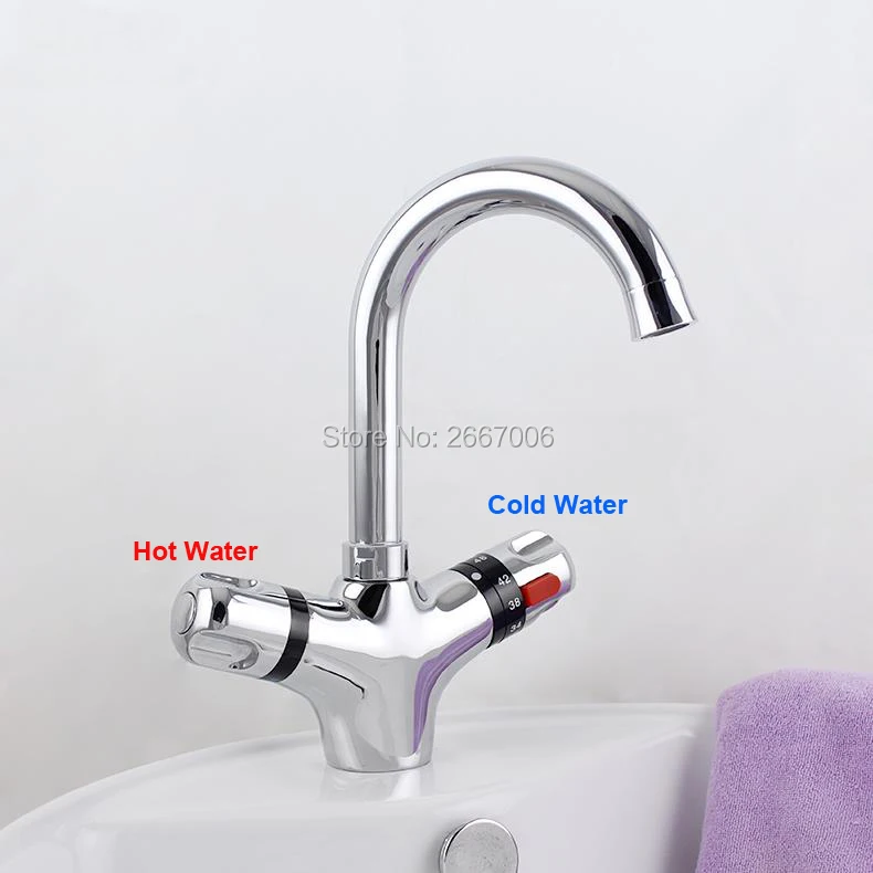 Free Shipping Swan Design Dual Handle Faucet Thermostatic Kitchen Sink Faucet Constant Temprature Control Mixer Valve taps ZR982