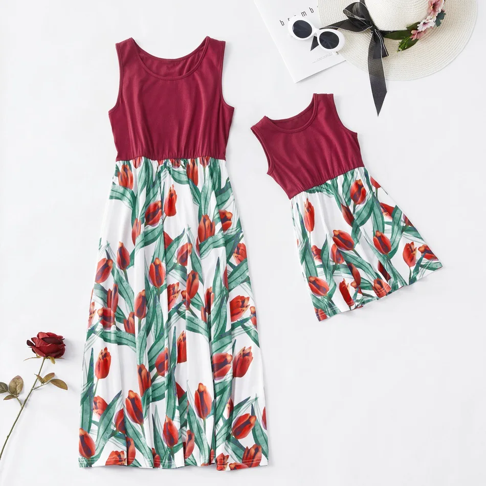 

ZOGAA 2019 New Floral Tulip Mother and Daughter Long Skirt Causal Sleeveless Red Mommy and Me Maxi Dress