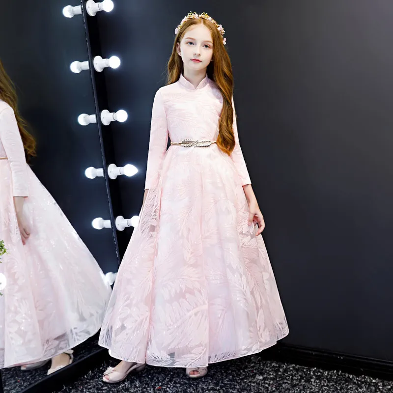 

2019 Spring New Sweet Pink Color Children Girls Long Sleeves Birthday Wedding Party Princess Dress Kids Teens Piano Prom Dress