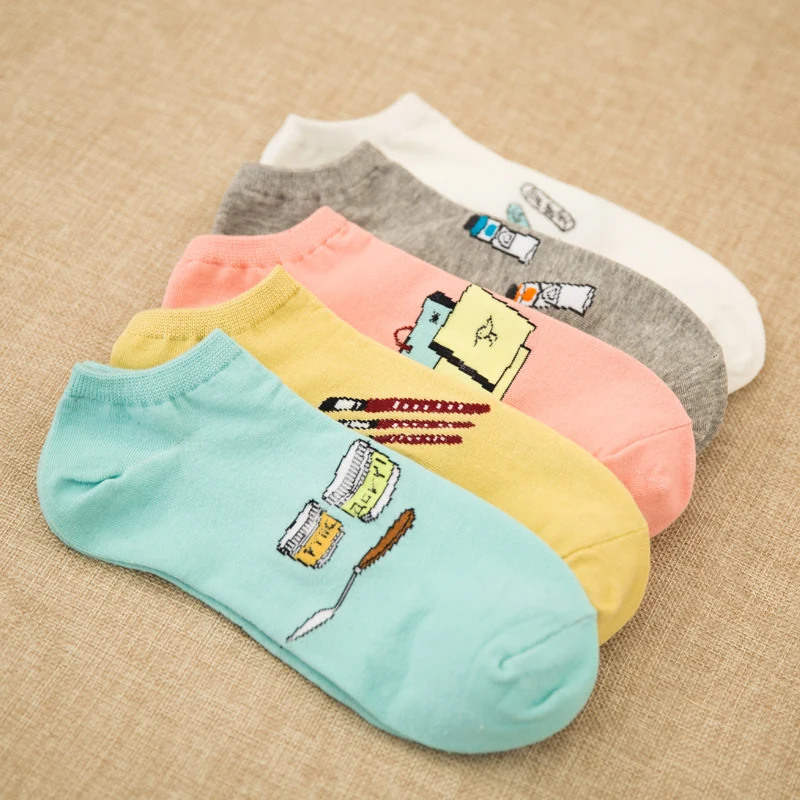 5 пар, новые летние женские носки с акварельным узором, повседневные хлопковые носки, носки-башмачки, тапочки, harajuku EUR35-40 - Цвет: 1