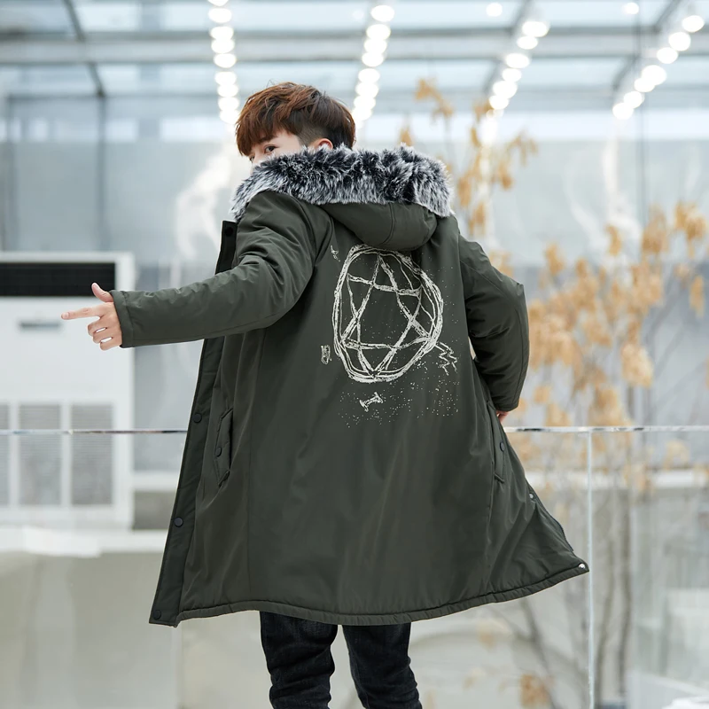 Tanie 2019 nowy zima długi Style ciepła kurtka mężczyzn grube dorywczo drukowane Streetwear mężczyźni Parka Hombre z kapturem kombinezony męskie znosić LBZ139