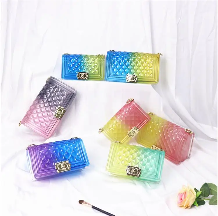 

TekiEssica Luxury Brand Gradient Color Jelly Bag Plaid Transparent Bag Chain Shoulder Messenger Lady Clutch Purse Beach Handbag