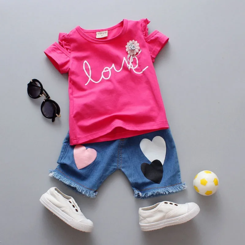 

Summer baby girls clothes new children's clothing English print short-sleeved T-shirt+denim shorts two-piece