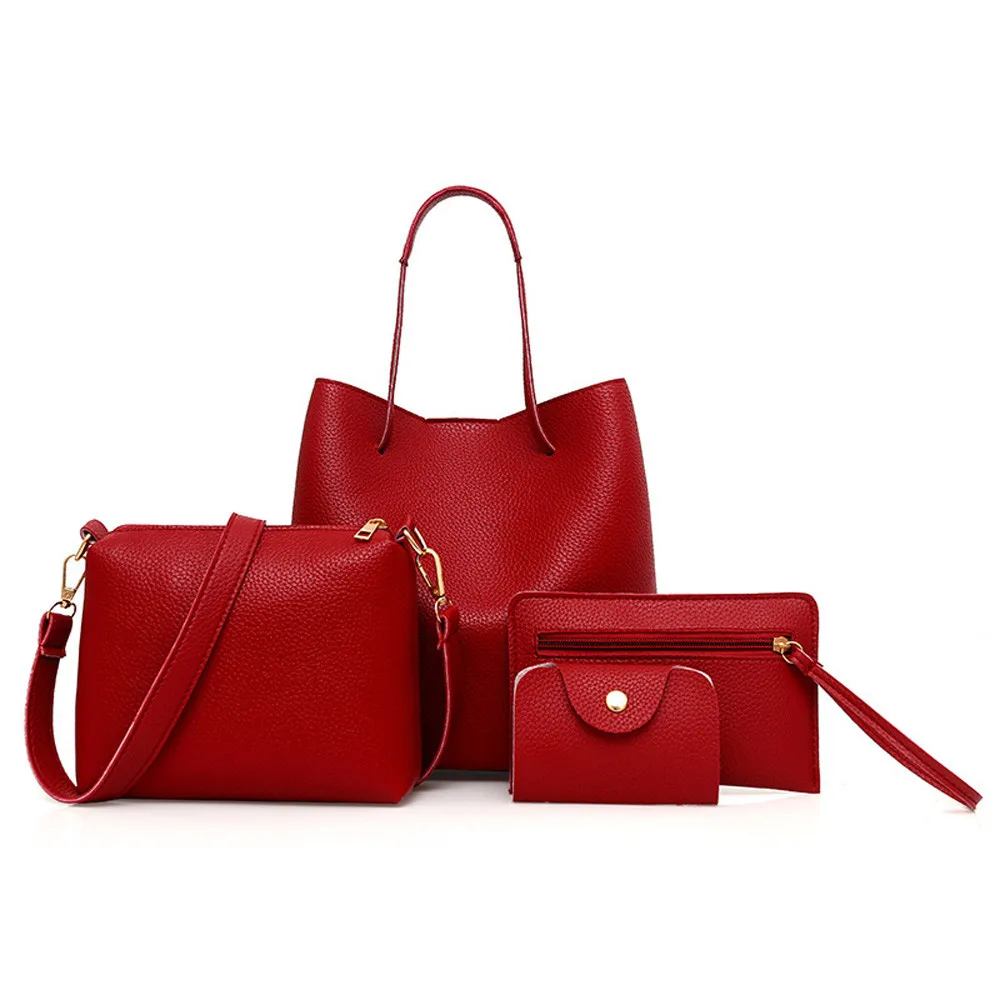 4 шт., женские сумки, кожаная сумка с узором+ сумка через плечо+ сумка-мессенджер+ посылка для карт, элегантные дамские сумочки на молнии - Цвет: Красный