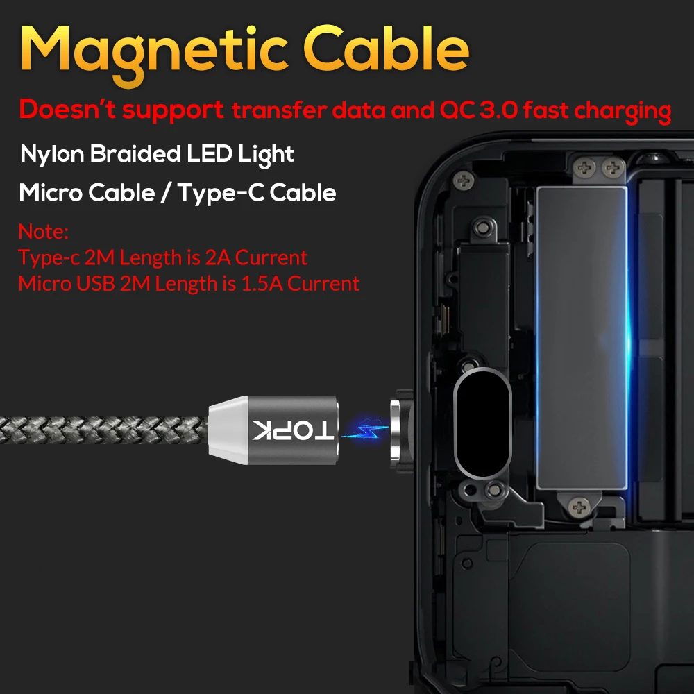 TOPK 1M LED Magnetic USB Cable for iPhone Xs Max 8 7 6 & USB Type C Cable & Micro USB Cable for Samsung Xiaomi Huawei USB C