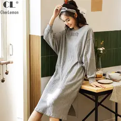 CherLemon 100% хлопок рубашки женские осенние длинные рукава реглан свободная пижама в полоску средней длины Ночное платье с повязкой на голову