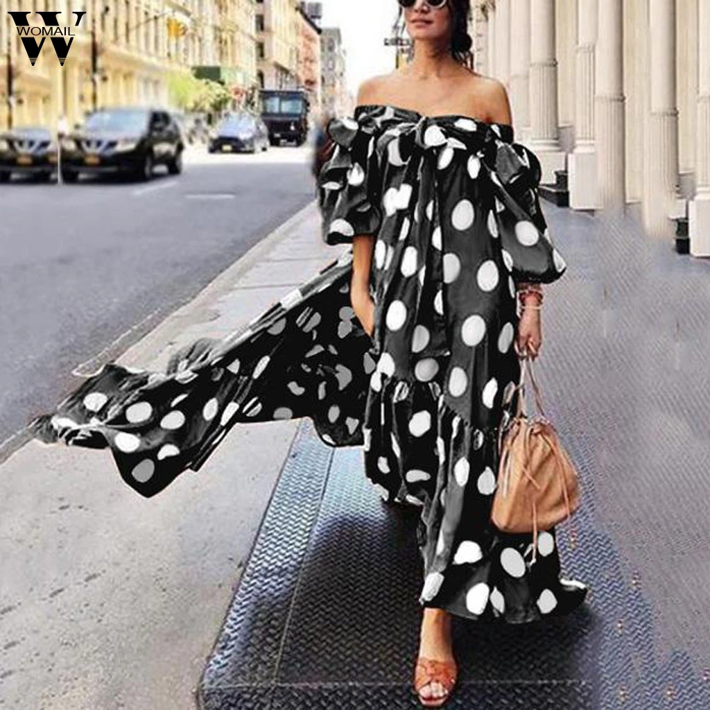 

Womail Summer Dress Womens Bohemian Dresses Fashion Polka Dot Printed Cold Shoulder Ruffles Bow Dress Dropship May23 Vestido