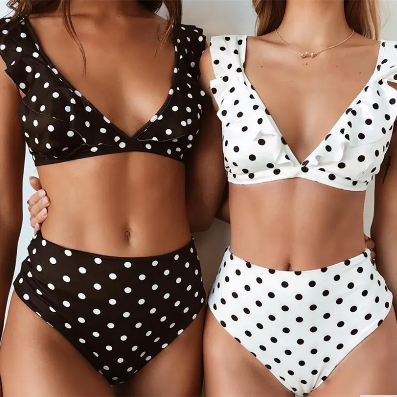 

Hot Sale Popular Ruffled Solid Swimsuit Print Dot Swimming Costume Women Two Pieces Sexy High Waist Bathing Suits Swimwear