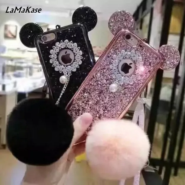 LaMaKase Luxury Sparkling Jewels Ear Warm Rabbit Fur Ball