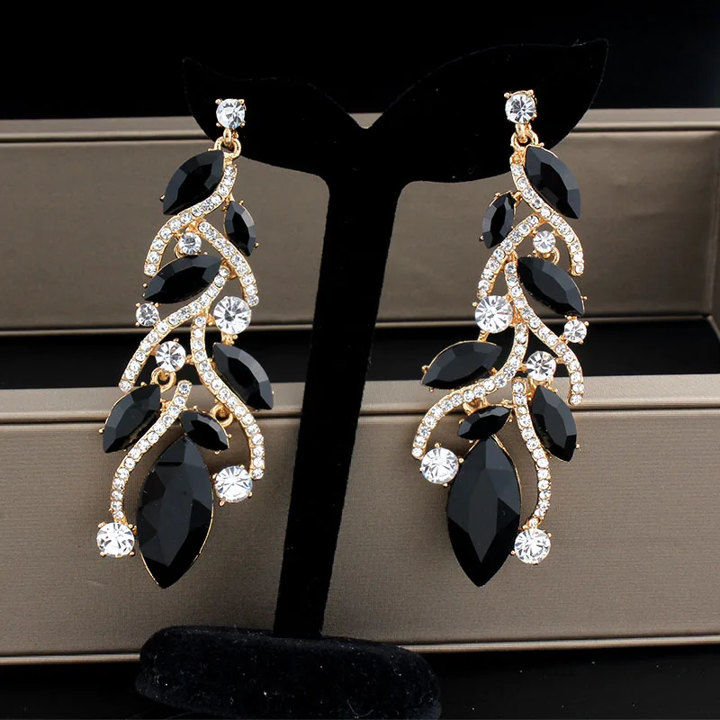 

Black gold color long crystal chandelier ladies earrings rhinestone earrings bridal earrings wedding jewelry 2018