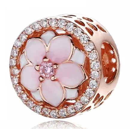 

Original 925 Sterling Silver Bead Charm Rose Gold Openwork Magnolia Bloom With Crystal Beads Fit Pandora Bracelet Diy Jewelry