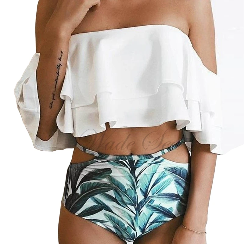

High Waist Swimsuit 2018 Sexy Bikinis Women Swimwear Ruffle Vintage Bandeau Striped Bottom Bikini Set Bathing Suits