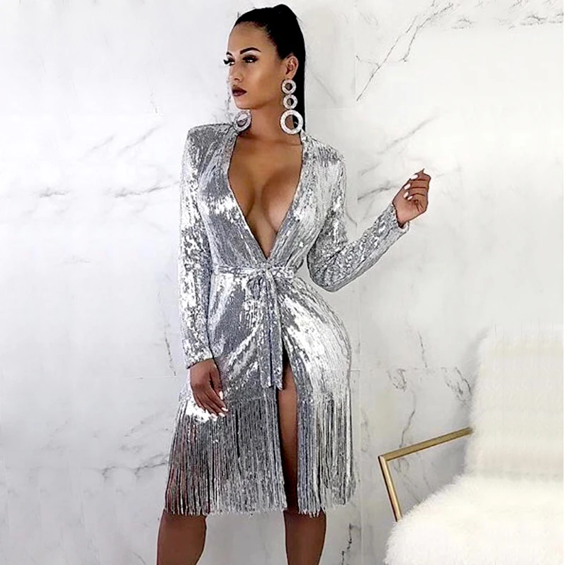 Silver striped glitter long sleeve maxi dresses for women