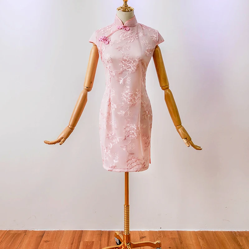 

Wedding Guest Dress Elegant Dress Women for Wedding Party Short Sleeves Party Dress Pink Color Vintage back of zipper