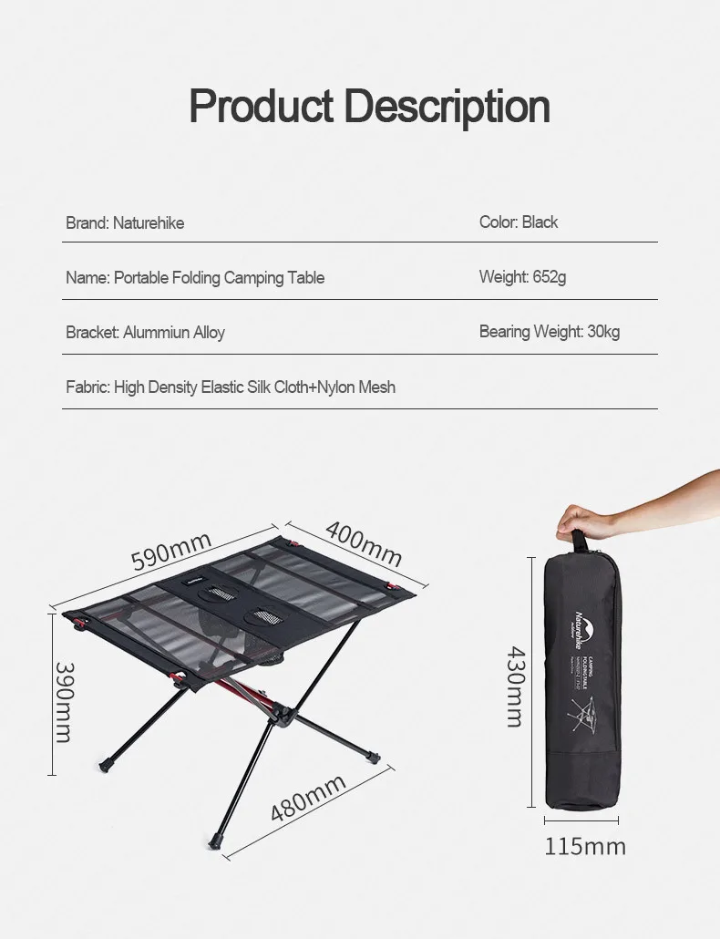 Naturehike Folding Camping Table Outdoor Camping Picnic Table Ultralight Portable Table Aluminum Alloy Bracket Camping Picnic