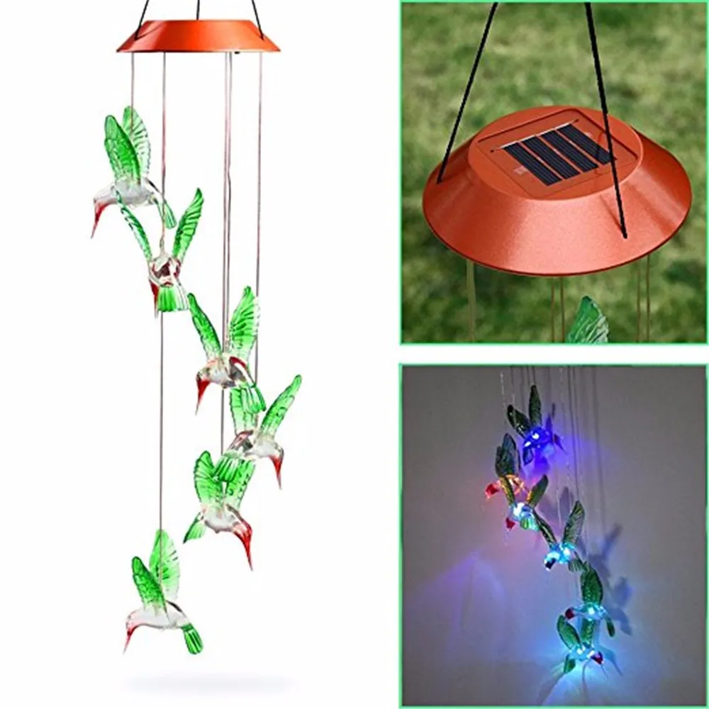 

Color Changing LED Solar Wind Chime Hummingbird Wind for Gardening Lighting Solar Powered Wind Spinner Hanging Lights Lamps
