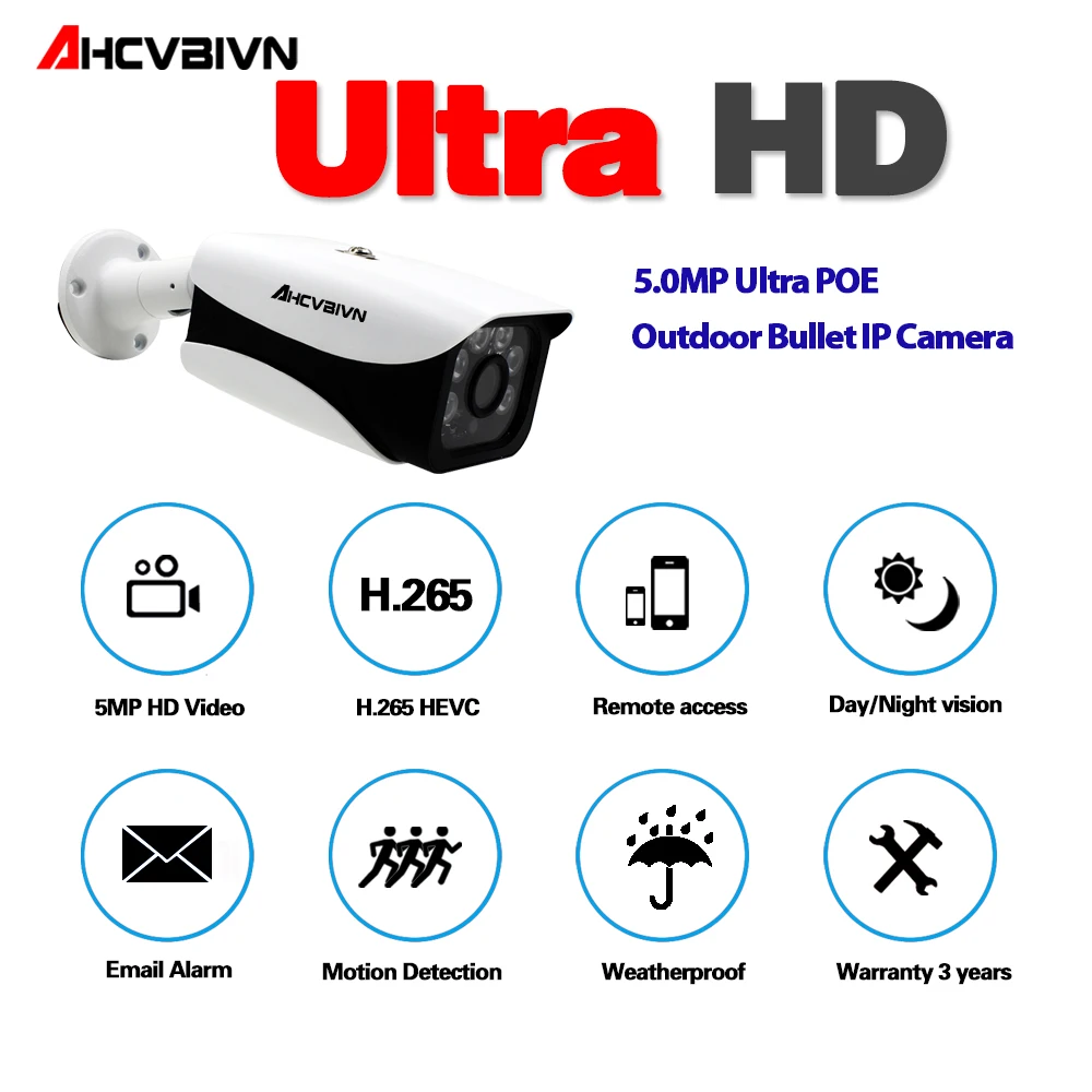 AHCVBIVN H.265 5.0MP POE IP Camera 5MP Bullet CCTV IP Camera for POE NVR System Waterproof Outdoor  - 33015721412