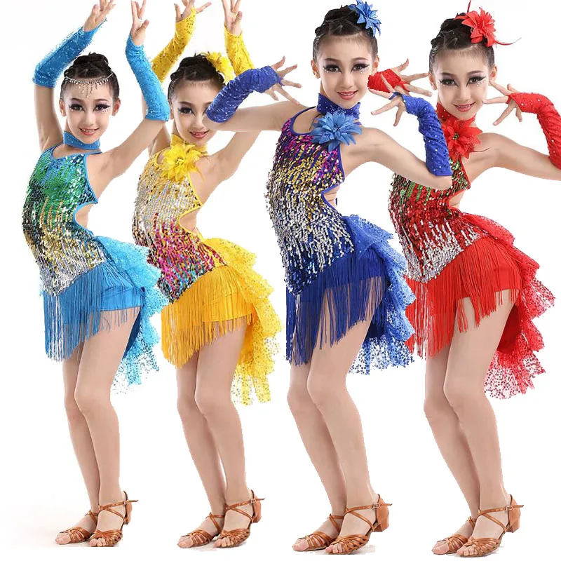 Девушки блестками кисточкой Латинской сальсы платье для танцев Дети бахромой костюмы Бальные современном этапе Salsa наряды с Головные уборы