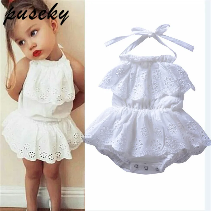 

Puseky Summer Newborn Baby Girls Romper Infant Halter Backless Hollow Out White Lace Jumpsuit Cake Rim Clothes Playsuit for 0-2T