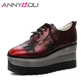 

ANNYMOLI Women Ankle Boots Platform Wedge Heels Lace up Boots High Heel Brand Boots 2018 Spring Ladies Shoes Big Size 33-42 Red