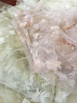 

0.5M*1.4M Exquisite Chiffon Meat Powder/Champagne Stereo Flower Screen Yarn Embroidery Lace Fabric Dress and Doll Cloth