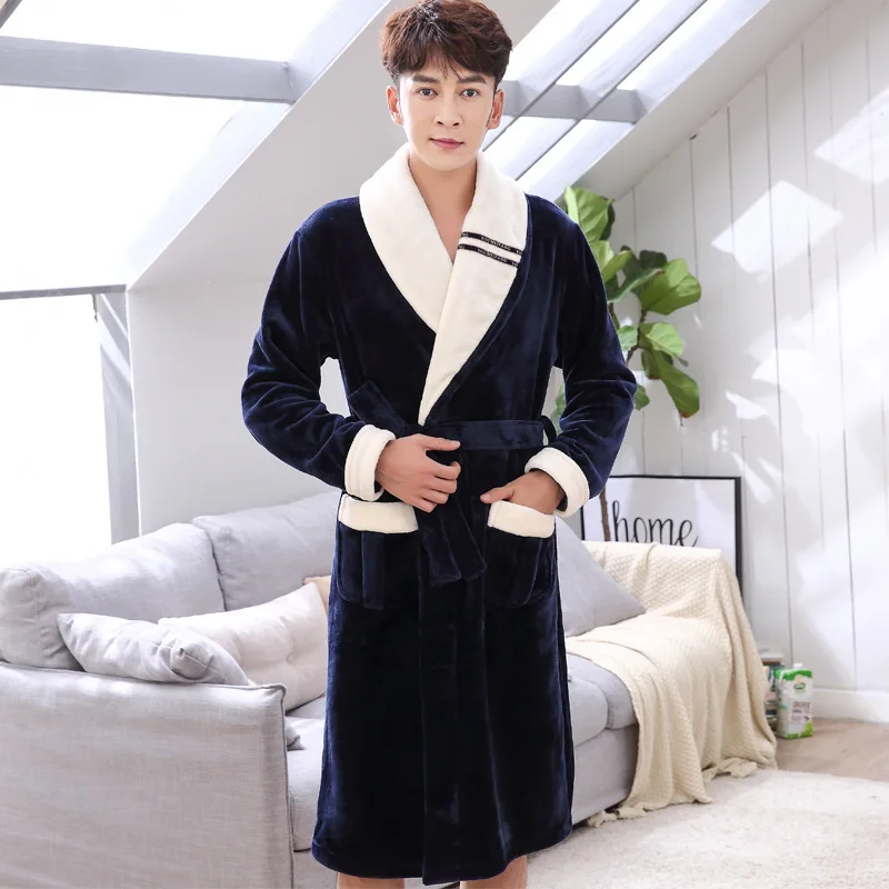 Men Flannel Patchwork Bathrobes Lovers' Winter Thick Warm Robe Long Dressing Gown kimono homme Famale Robes roupao de banho