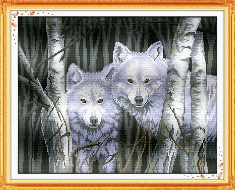 

Wolves in woods cross stitch kit 14ct 11ct pre stamped canvas cross stitching animal lover embroidery DIY handmade needlework