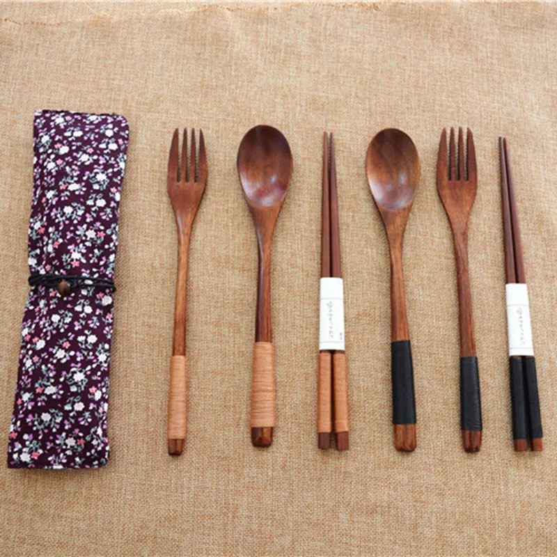 

3Pcs Portable Spoon Fork Luxury Dinnerware Japanese Wooden Cutlery Set With Cloth Bag Kitchen Food Home Party Tableware Set BF