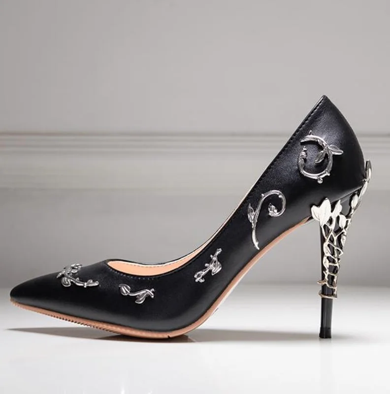 

Newest Metal Leaves High Heel Pumps Pointed Toe Slip-on Women Wedding Dress Shoes 2018 Spring Autumen Bride Heels Pumps