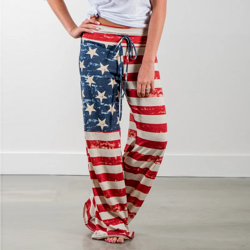 Женские брюки Модные женские летние длинные брюки Американский национальный флаг печатные свободные брюки Полная длина средняя талия повседневные